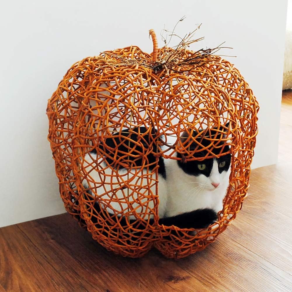 Tabouret Fonctionnel Animal Chiot Mignon Cave Nid Pet Confortable Lit De Couchage Tente Pet Cat Rotin Kraft Papier Corde Litiere Pour Chat Forme De Citrouille Apparence Litiere Pour Chat Chat Sac De