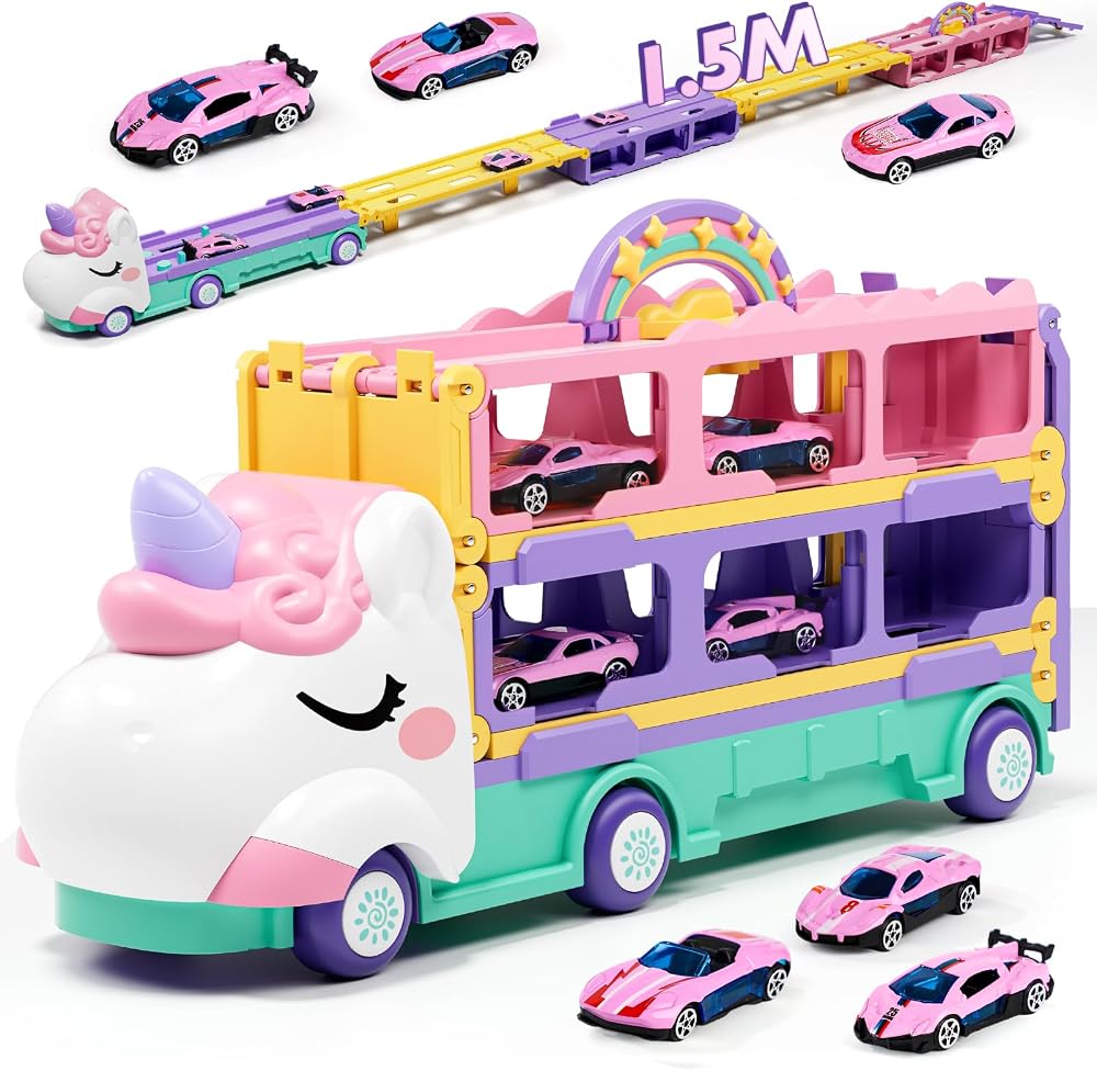 Lehoo Castle Unicorn Transporter 2-in-1 Race Track Toys for Girls 2-5