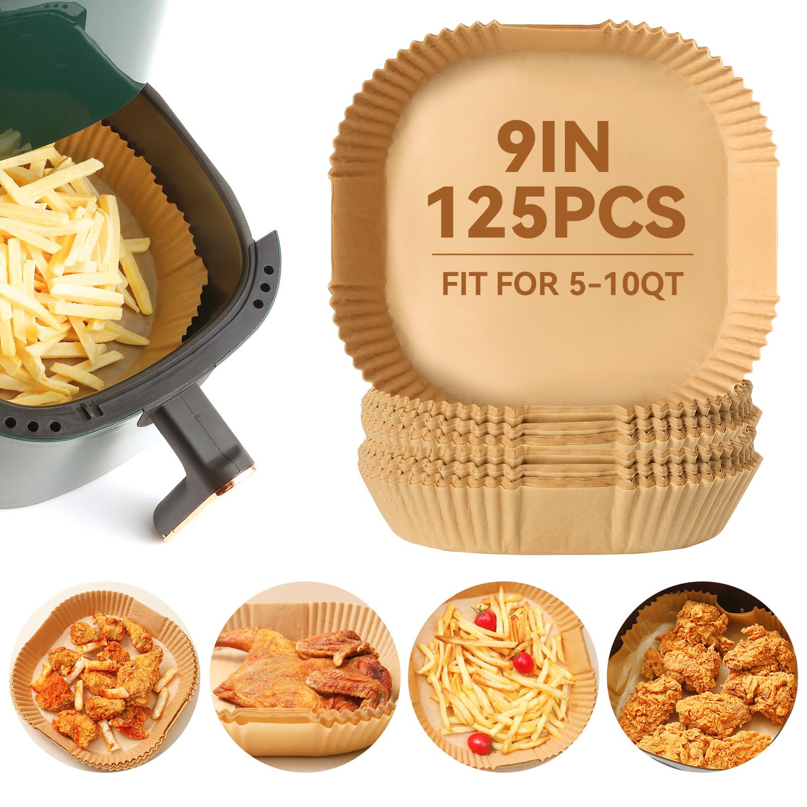 Air Fryer Liners Disposable, Parchment Paper for Baking 9inch Square, 125pcs Non-Stick Parchment Sheets for Air Fryer Basket, Microwave, Oil-proof and Water-proof for Easy Cleanup
