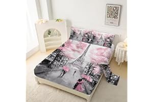 kxry Pink Paris Eiffel Tower Fitted Sheet Sets French Style Flower Bedding Sets Twin Size for Girls Kids Teens Women Bedding Set 1 Fitted Sheet + 1 Flat Sheet + 1 Pillow Case