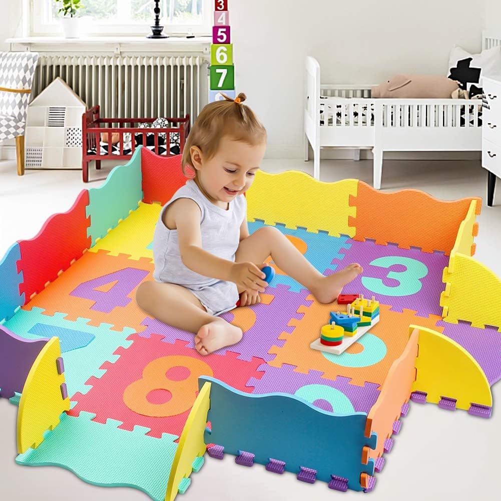 Swonuk Baby Play Mat with Fence 0.39 inch Thick Interlocking Foam Floor Tiles Kids Puzzle Mat Baby Crawling Mat (Numbers): Toys & Games