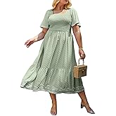 Glamaker Women's Plus Size Summer Casual Short Sleeve Smocked Square Neck A Line Flowy Midi Dress Long Dress