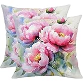 Doobicy Set of 2 Floral Throw Pillow Covers 18x18Inch Watercolor Peony Flower Cushion Covers Linen Decor Pillowcases for Sofa, Bed, Living Room, Farmhouse Spring Outdoors Home Décor