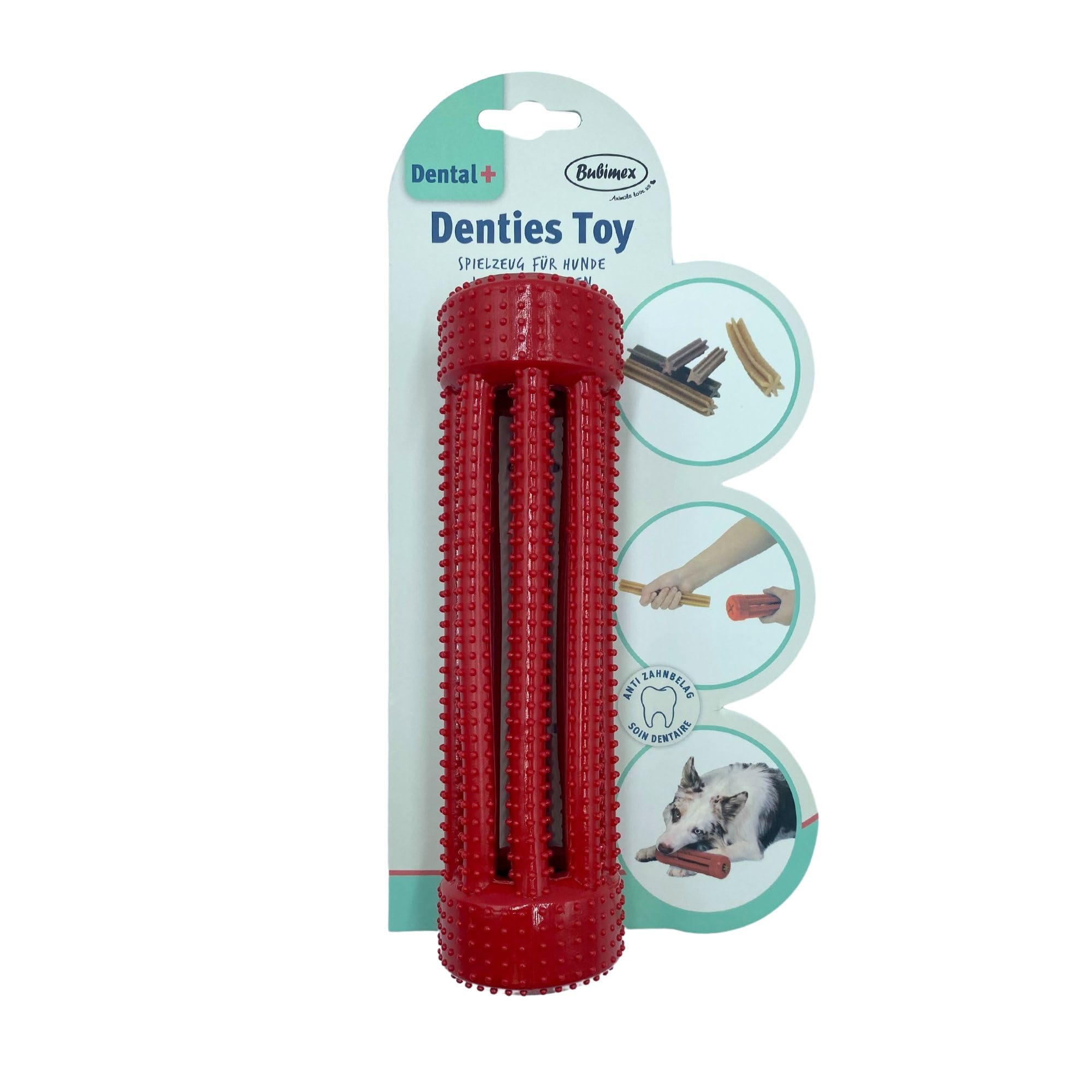 bubimex - Teething Toy - Dog Chew Toy - Stuffing with Stick Treats - Teeth Cleaning - Gum Massager - Strong and Flexible TPR Rubber - 19x5x5cm - Red