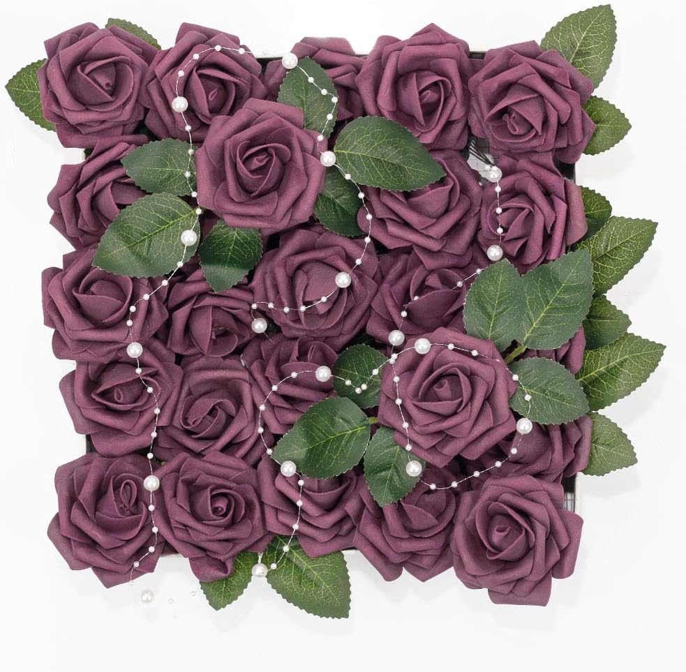 Meiliy 60pcs Artificial Flowers Plum Roses Real Looking Foam Roses Bulk w/Stem for DIY Wedding Bouquets Corsages Centerpieces Arrangements Baby Shower Cake Flower Decorations