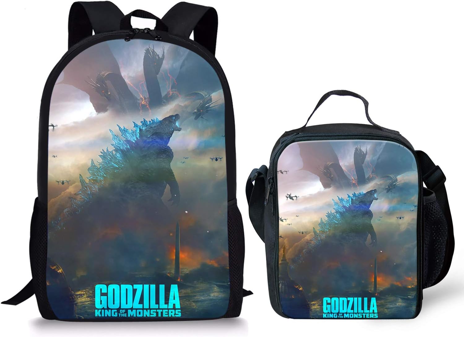 GePrint Godzilla Pattern Children Schoolbags with Lunch Bag Toddler School Backpack