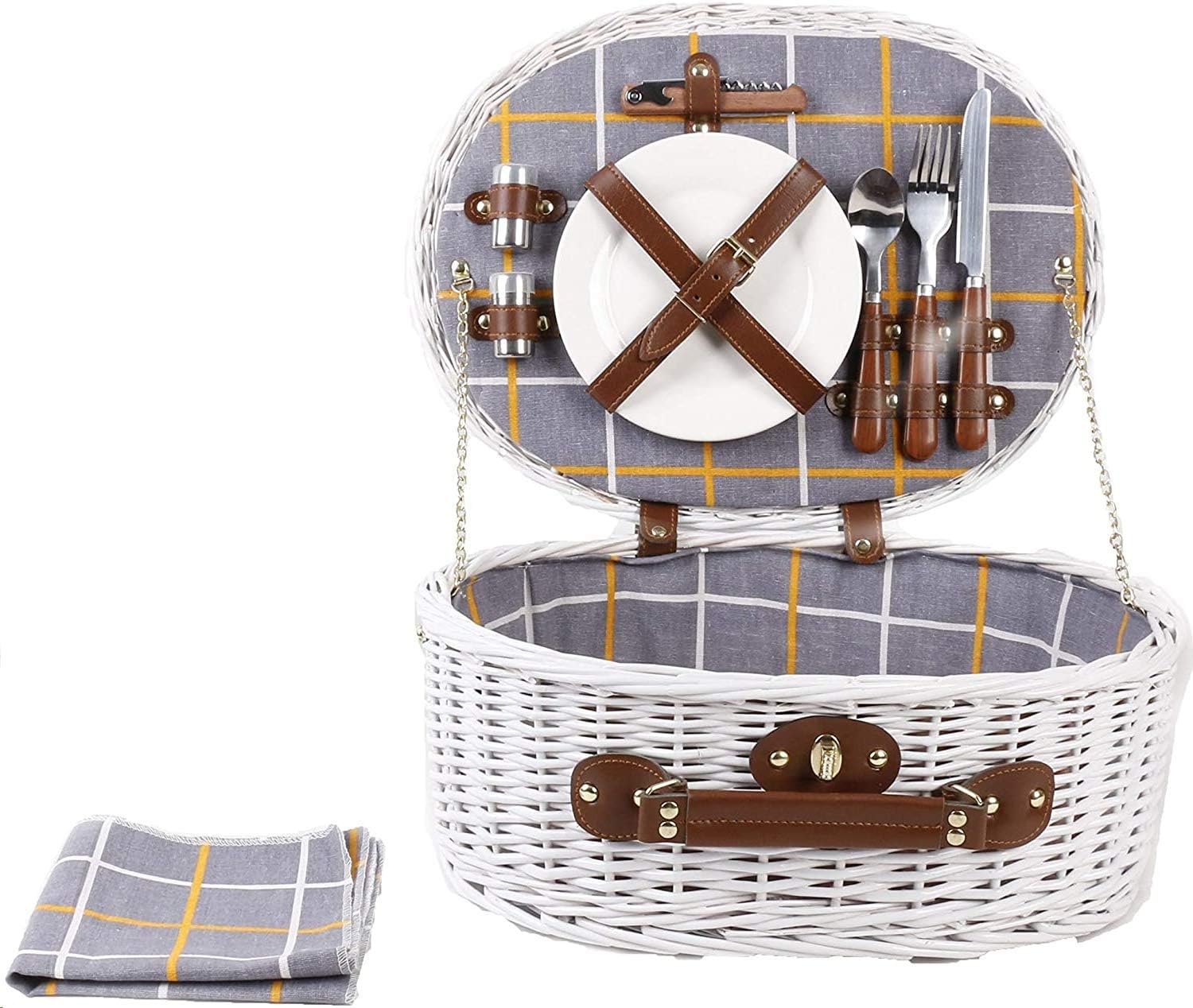 Romantic Wicker Picnic Basket for 2 Persons, Special White