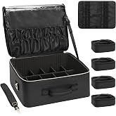 Relavel Extra Large Makeup Case Professional Cosmetic Storage Organizer Box Brush Holder with 4 Clear Set Bags for Makeup Artists with Shoulder Strap &amp; Adjustable Dividers, Leather Black