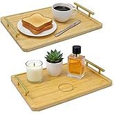 HAUSMODA 2 Pack Bamboo Serving Tray with Handles, 15.8×11.4“ Solid Wooden Tray for Food, Rectangular Tray for Ottoman, Coffee Table, Living Room