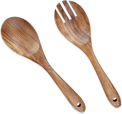 Aoosy 2 Stuck Holzerne Salatbesteck 10 2 Zoll Holz Servierloffel Set Salat Mischen Abendessen Gabel Und Loffel Langgriff Salatzange Kuche Kochgeschirr Besteck Set Amazon De Kuche Haushalt