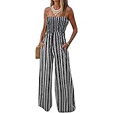 AUXDIO Womens Casual Strapless Summer Jumpsuits Loose Off Shoulder Smocked Sleeveless Wide Leg Romper with Pockets