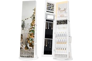 TJYGO Mirror Jewelry Cabinet Standing, Full Length Mirror Jewelry Armoire with LED Lights, 360° Swivel Jewelry Organizer with Storage Shelves