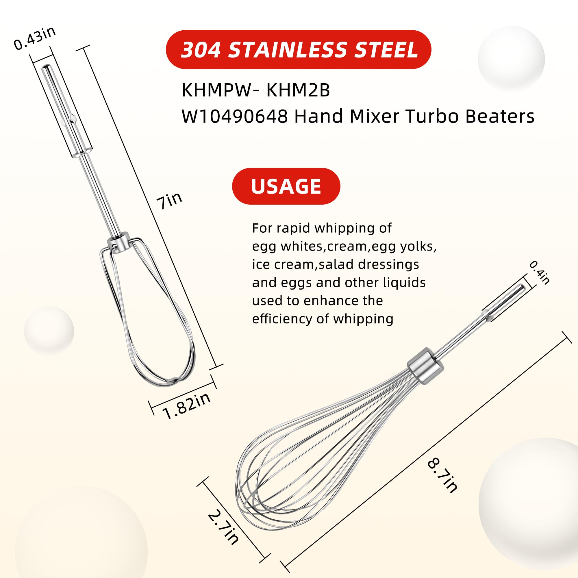 W10490648 Hand Mixer Turbo Beaters KHM2B (2 Pack) & KHMPW Stainless Steel Pro Mixer Whisk Attachment(2 Pack) Fit for Kitchen Mixer KHM Series by Fetechmate