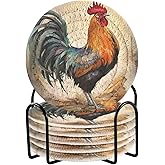 Coikll Retro Style Farmhouse Rooster Cotton Cup Coasters with Holder Absorbent Drink Coasters Set for CoffeeTabletop Protection Housewarming Gift Home Decor 6 Pcs