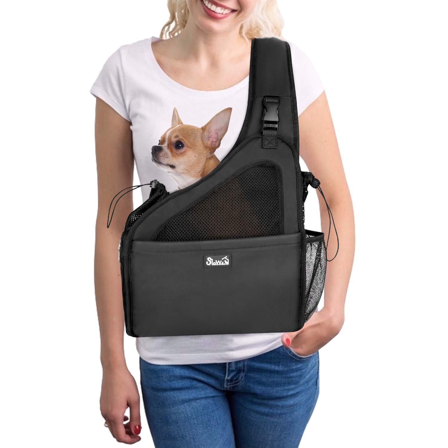 Photo 1 of SlowTon Pet Dog Sling Carrier, Hands Free Hard Bottom Papoose Small Animal Puppy Up to 6 lbs Travel Bag Tote Breathable Mesh Support Adjustable Padded Strap Pocket Safety Belt Machine Washable