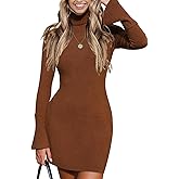 EXLURA Women Sweater Dress Fall Winter Bell Long Sleeve Mini Dresses Turtleneck Pullover Ribbed Knit Stretch Bodycon Dress