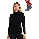 Merino Wool Base Layer Women - 100% Merino Half Zip Sweater Women Lite, Midweight, Heavyweight Thermal Shirts and Socks