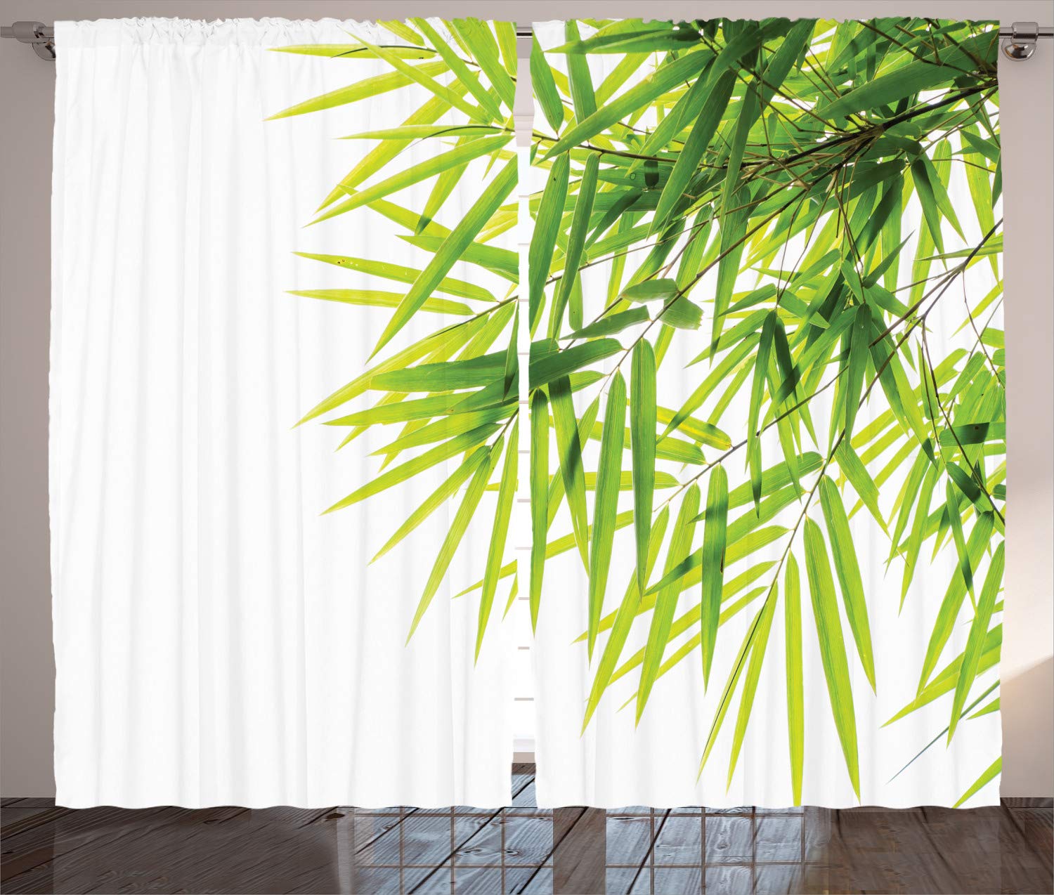 ABAKUHAUS Bamboo Curtains, Bamboo Leaf Illustration for Wellbeing Health Fresh Purity Tranquil Art Print, Living Room Bedroom Window Drapes 2 Panel Set, 280 x 175 cm, Green and white
