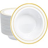 Pryntono 100 PCS Plastic Bowls with Gold Rim, 12oz Premium Heavy Duty Soup Bowls, Dessert and Salad Bowls for Party, Wedding and Holiday