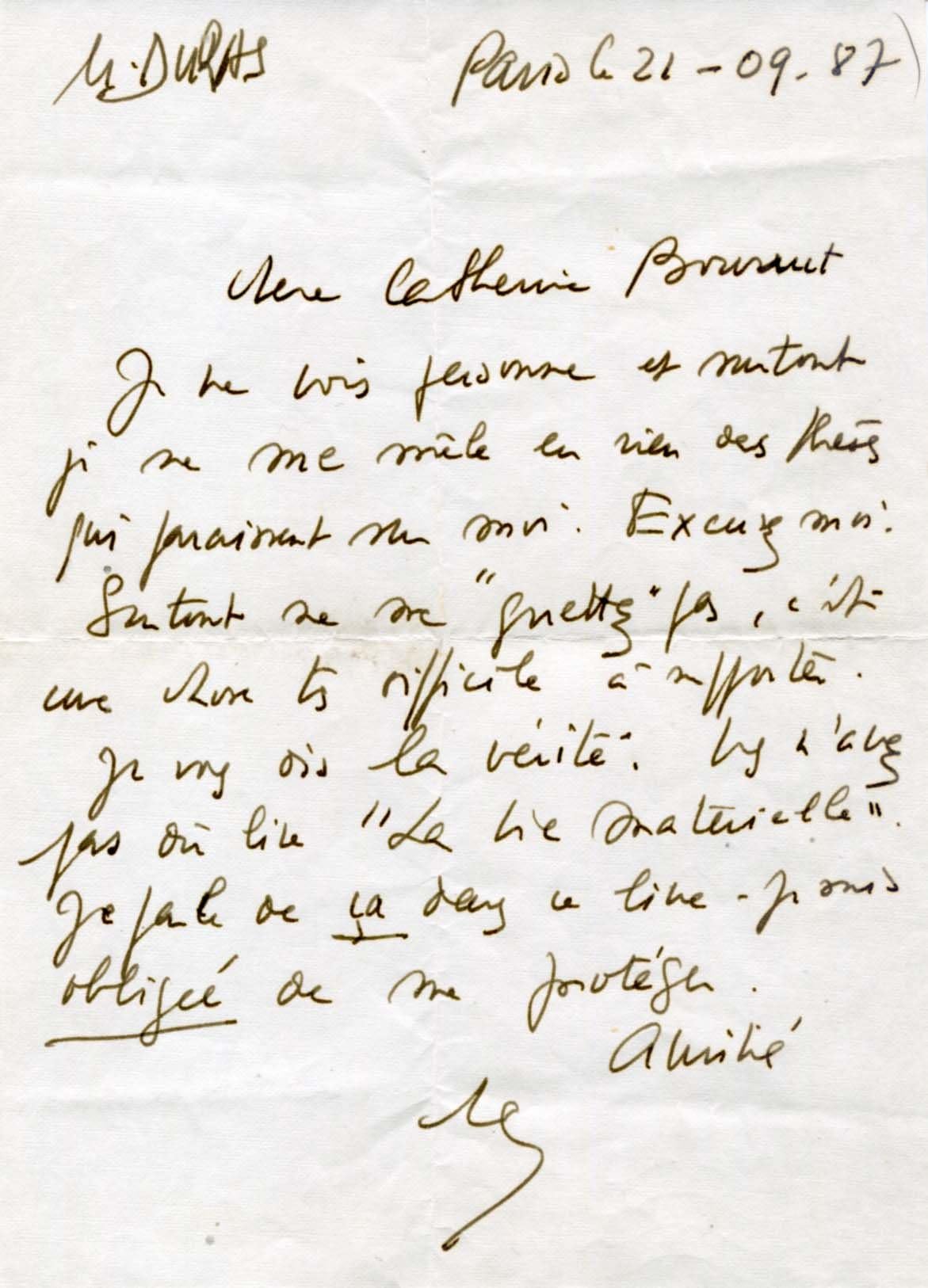 NOVELIST Marguerite Duras autograph, handwritten letter signed