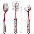 Dish Brush Set of 4 - Kitchen Scrub Brushes with Non-Slip Long Handle for Cleaning, Scrubber, Dishwashing, Dishes, Bottles, Straws, Cups, Pots & Sink, Red