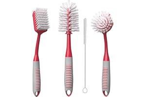 TRAZON Dish Brush Set of 4 with Bottle Water Brush, Dish Scrub Brush, Scrubber Brush and Straw Brush - Kitchen Scrub Brushes Ergonomic Non Slip Long Handle for Cleaning Cleaner Wash Dish Sink Dishes Cup Pot