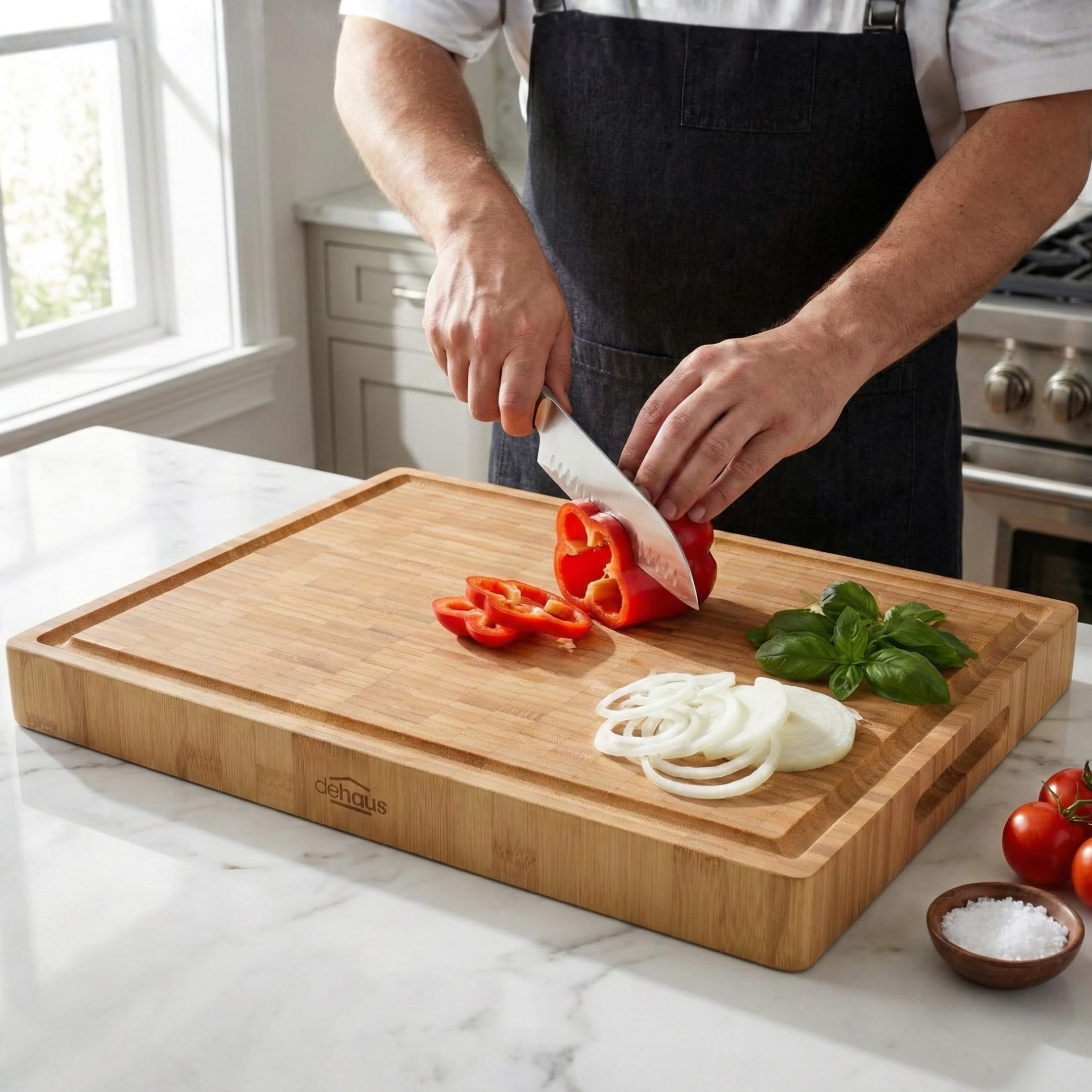 Dehaus® Deluxe Bamboo Chopping Board - Premium Wooden Cutting Boards - Large End Grain Wood Butchers Block for Kitchen - Extra Thick Bread Block - Non Toxic - Size M, 35 x 25 x 3 cm