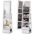 MASMIRE Rotatable Full Length Mirror Jewelry Cabinet Standing With Built-In Mirror - 63.7”H Lockable Jewelry Armoire With Mirror Drawers and 3 Storage Racks Christmas Gift for Wife White