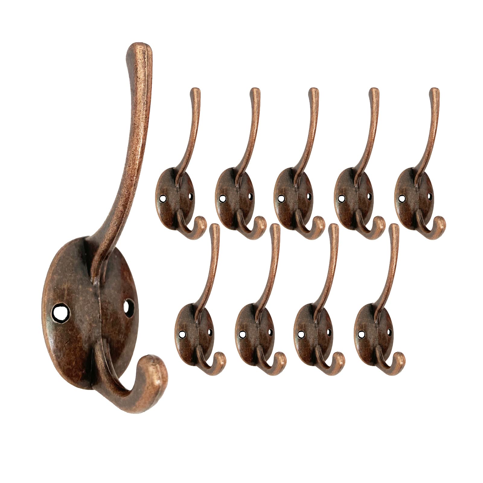 Beilala Coat Hooks for Door, 10 Pack Copper Vintage Wall Hooks Double Prong Metal for Bedroom, Bathroom, Kitchen, Office, Toilet, Garage — image 1