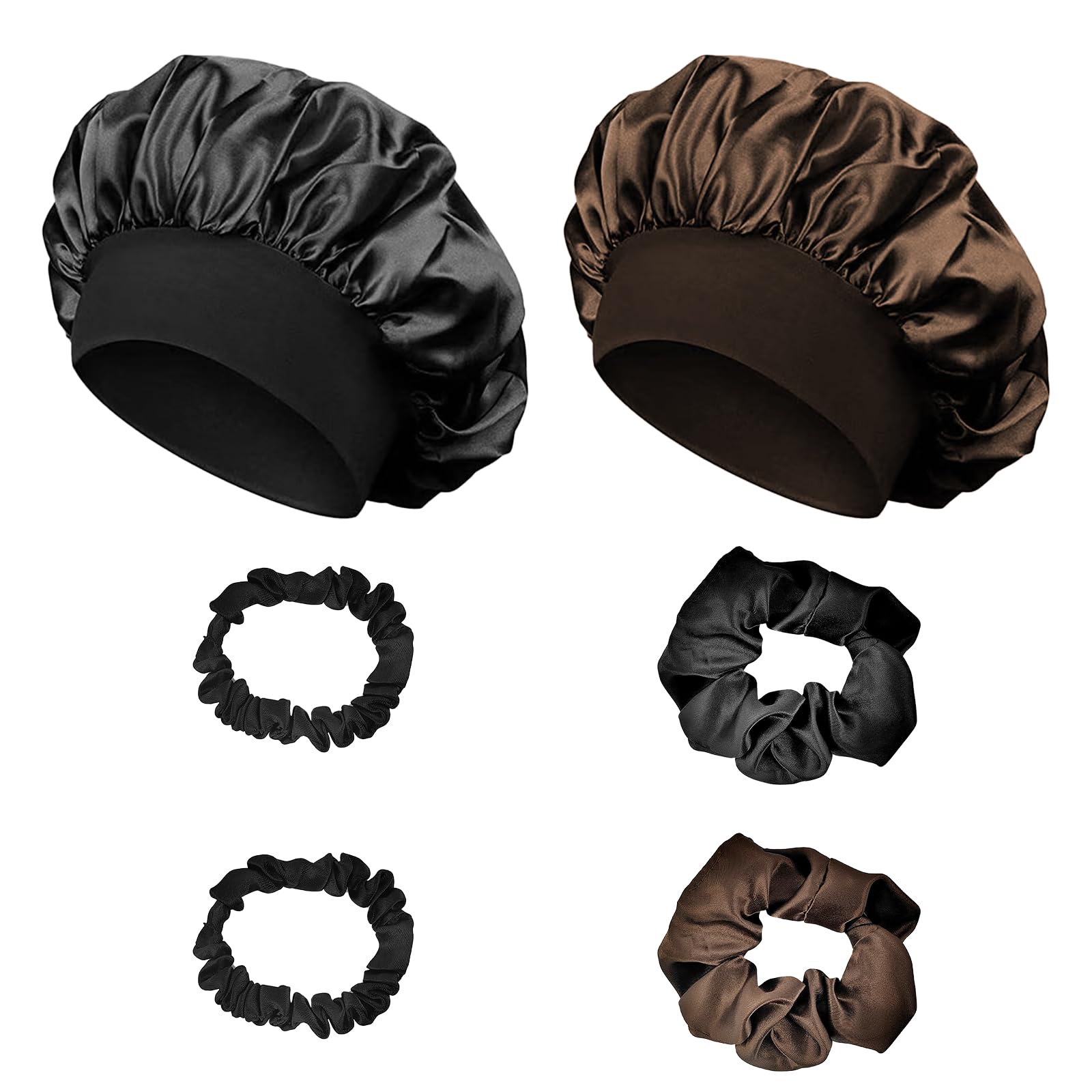 AYSYR Silk Bonnet for Sleeping With 4 Hair Bands - Black and Coffee, Satin, Reusable, Breathable, Suitable for All Hairstyles