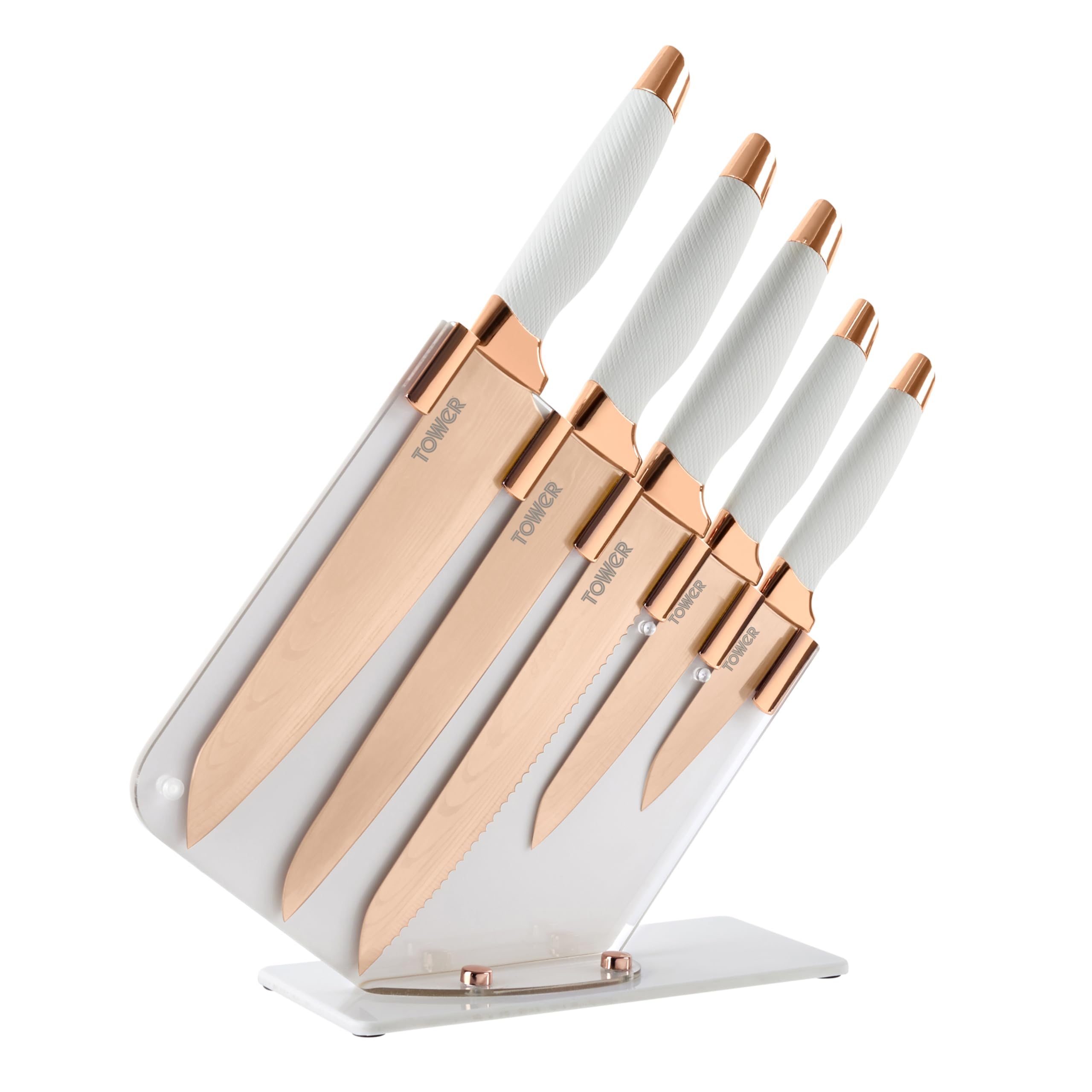 Tower Damascus Effect 5 Piece Kitchen Knife Set with Stainless Steel Blades and Acrylic Stand, Rose Gold and White, T81532RW