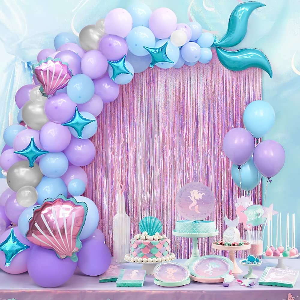 Teselife Mermaid Tail Balloon Arch Garland Kit, 89Pcs Silver Pastel Blue Purple Latex Balloons Shell Star Foil Balloons with Light Pink Tinsel Curtain for Girls Kid Princess Birthday Party Decorations