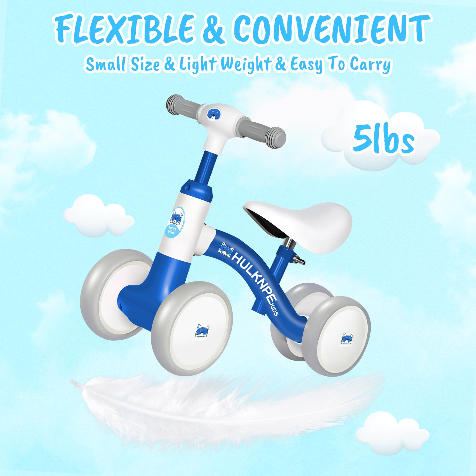 HULKNPE Baby Balance Bike for 1 Year Old Boys Girls, 12-24 Month Toddler Balance Bike with 4 Wheels, Adjustable Seat & Handlebar, First Birthday Gifts