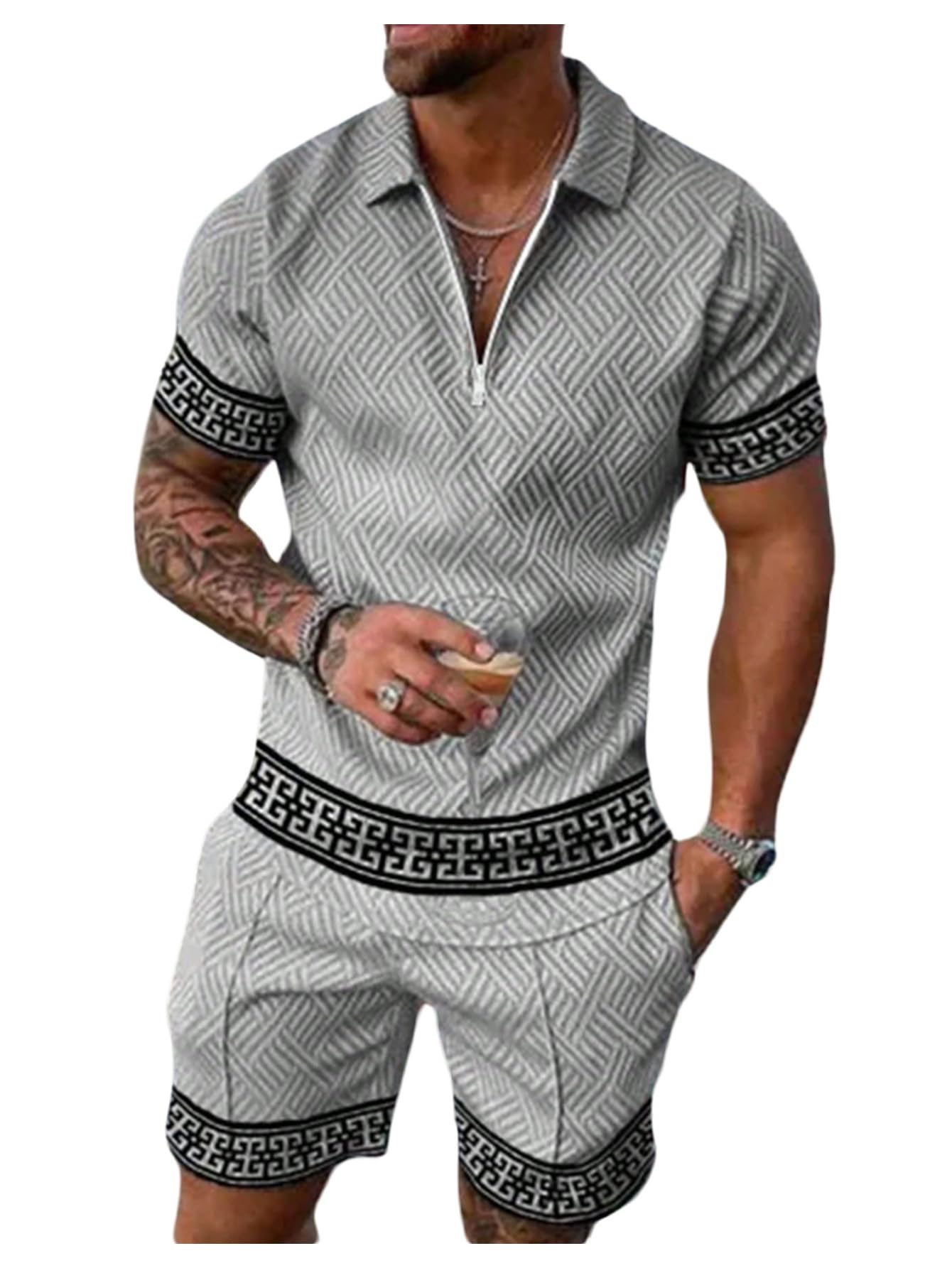 Photo 1 of RoseSeek Men's 2 Piece Outfits Jacquard Quarter Zip Short Sleeve Golf Shirts and Shorts Tracksuit Set Grey X-Large