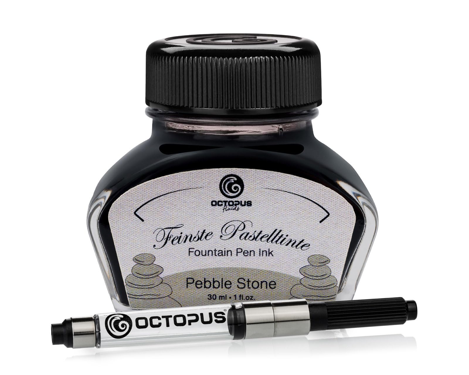 Octopus Fluids Pebble Stone Fountain Pen Ink in Pastel Colours, Converter Included, Writing Ink in Inkwell, Grey 30 ml