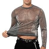 Arjen Kroos Mens Glitter T Shirt Mesh Sheer Long Sleeve Shirts See Through Shiny Tops Sexy Round Neck Clubwear