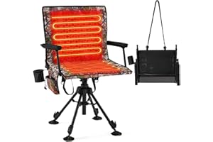 Danrelax Hunting Camo Swivel Chair for Blinds, Heated, Detachable Cover, Gun Rest, Adjustable Shooting Rail, Bar Pedestal Footring, Caster Base, Shoulder Strap, Frame, Camping Fishing