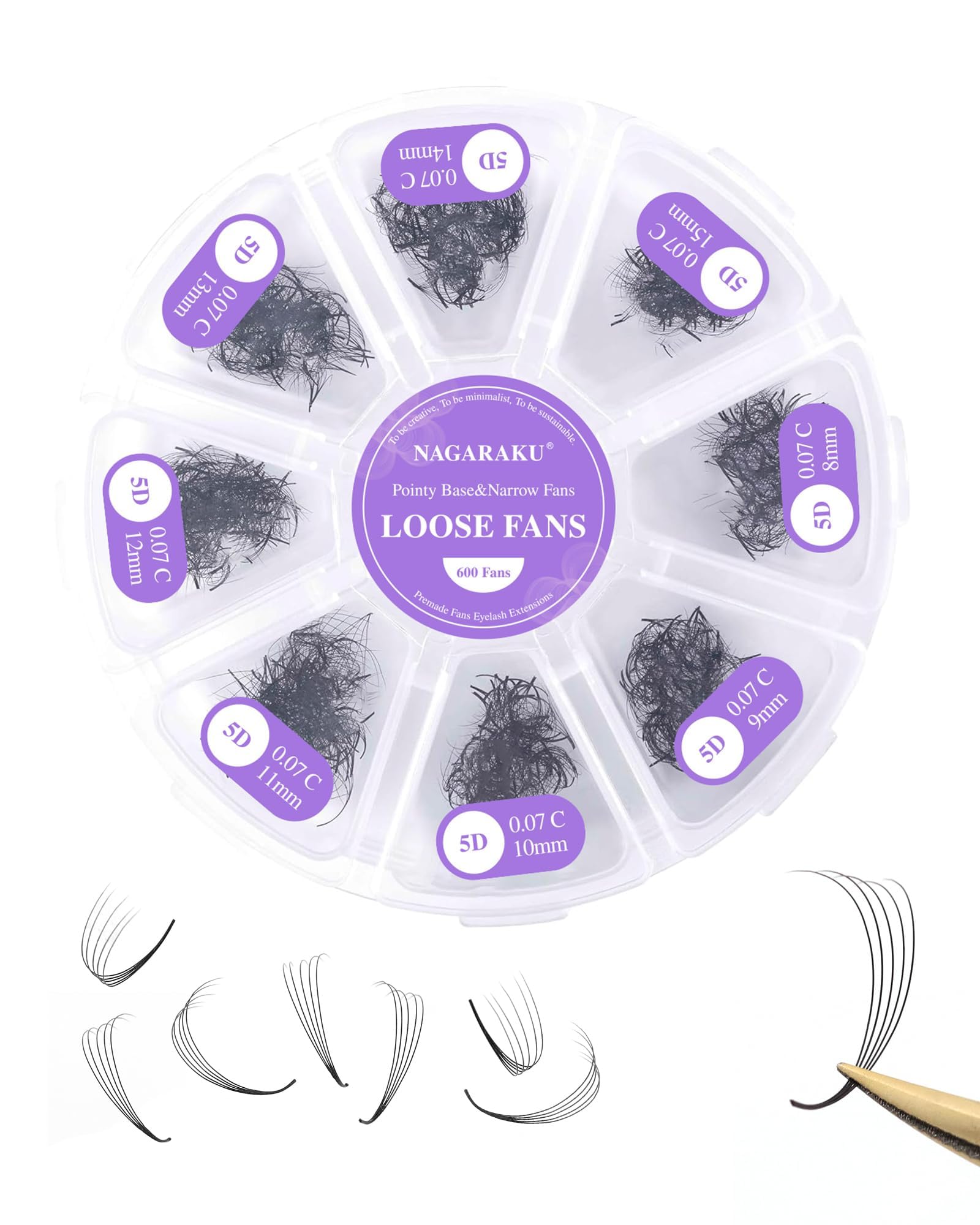 NAGARAKU 5D Premade Fans Lash, 600 Fans Premade Volume Lash 0.07mm C Curl 8-15mm Loose Fans Thin Pointy Base Sharp Narrow Stem Russian Eyelash Extensions — image 1