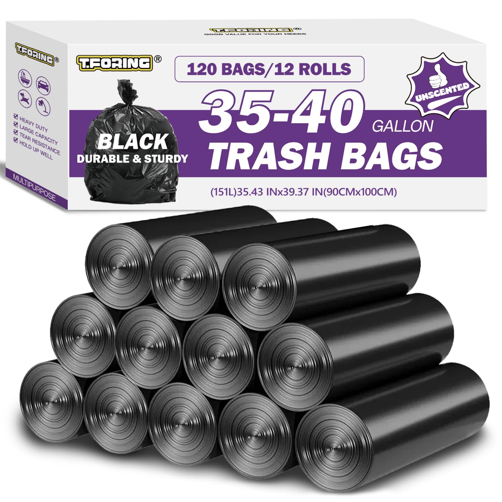 Photo 1 of 35-40 Gallon Black Trash Bags 120 Count - 35" x 40" Large Garbage Bags, 30+ Gallon Strong Trash Can Liners for Home, Commercial Use,Yard Waste, Bulk