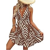 SOLY HUX Women's Allover Print Summer Dress Halter Deep V Neck Ruffle Hem Short Dresses