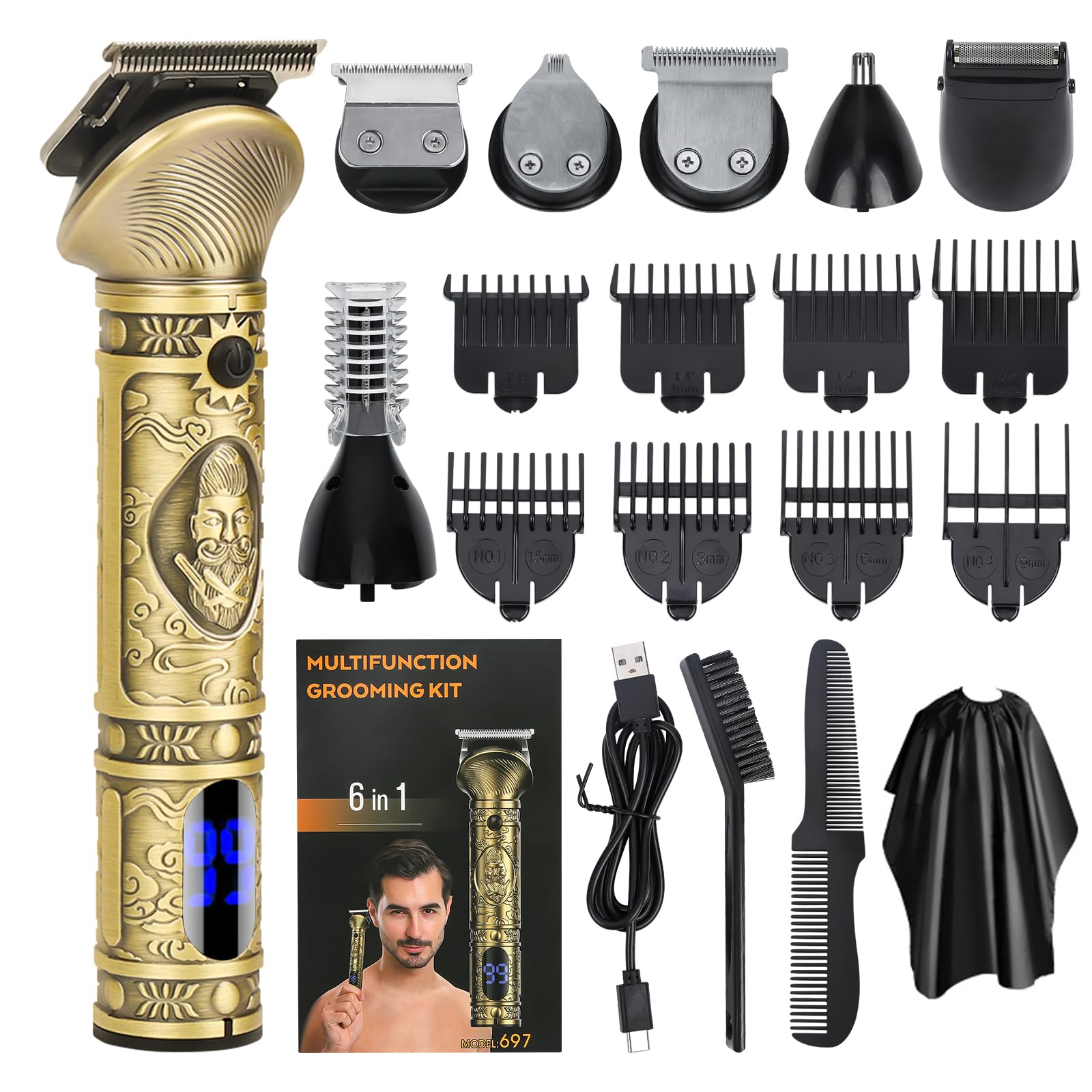 Gabrella 6-in-1 Cordless Hair Clipper Trimmer Kit, Zero Gapped T-Blade Electric Shaver, Nose & Body Trimmer