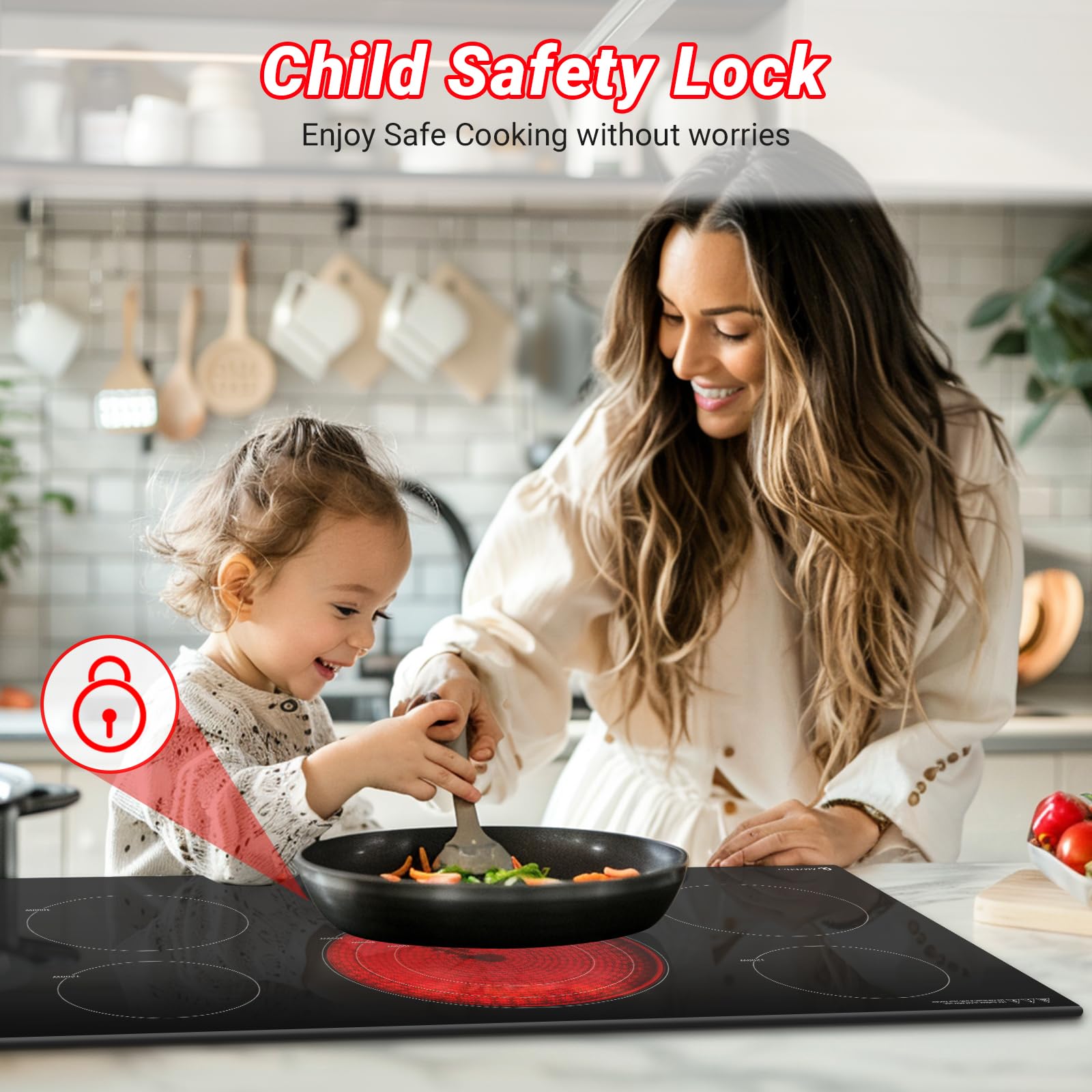 AMZCHEF Electric Cooktop 30 Inch,5 Burners Built-in Electric Stove Top,Max 9000W Ceramic Glass Countertop with Touch Control,9 Heating Level,Triple Zone,Safety Lock