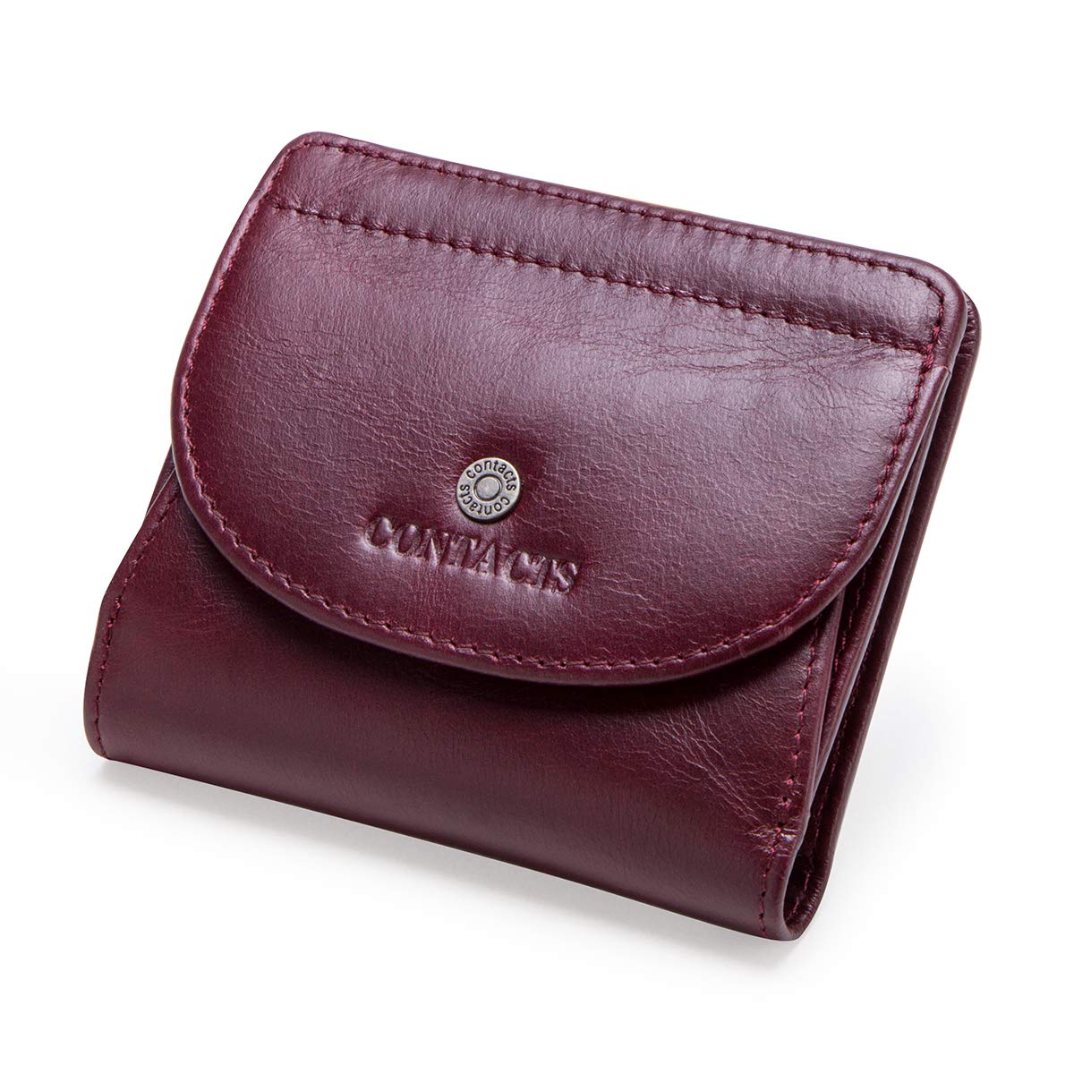 CONTACTS Genuine Leather Mini Wallet with Coin Pocket,8 Card Slots, Snap Closure, Compact Clutch Purse for Women Vintage