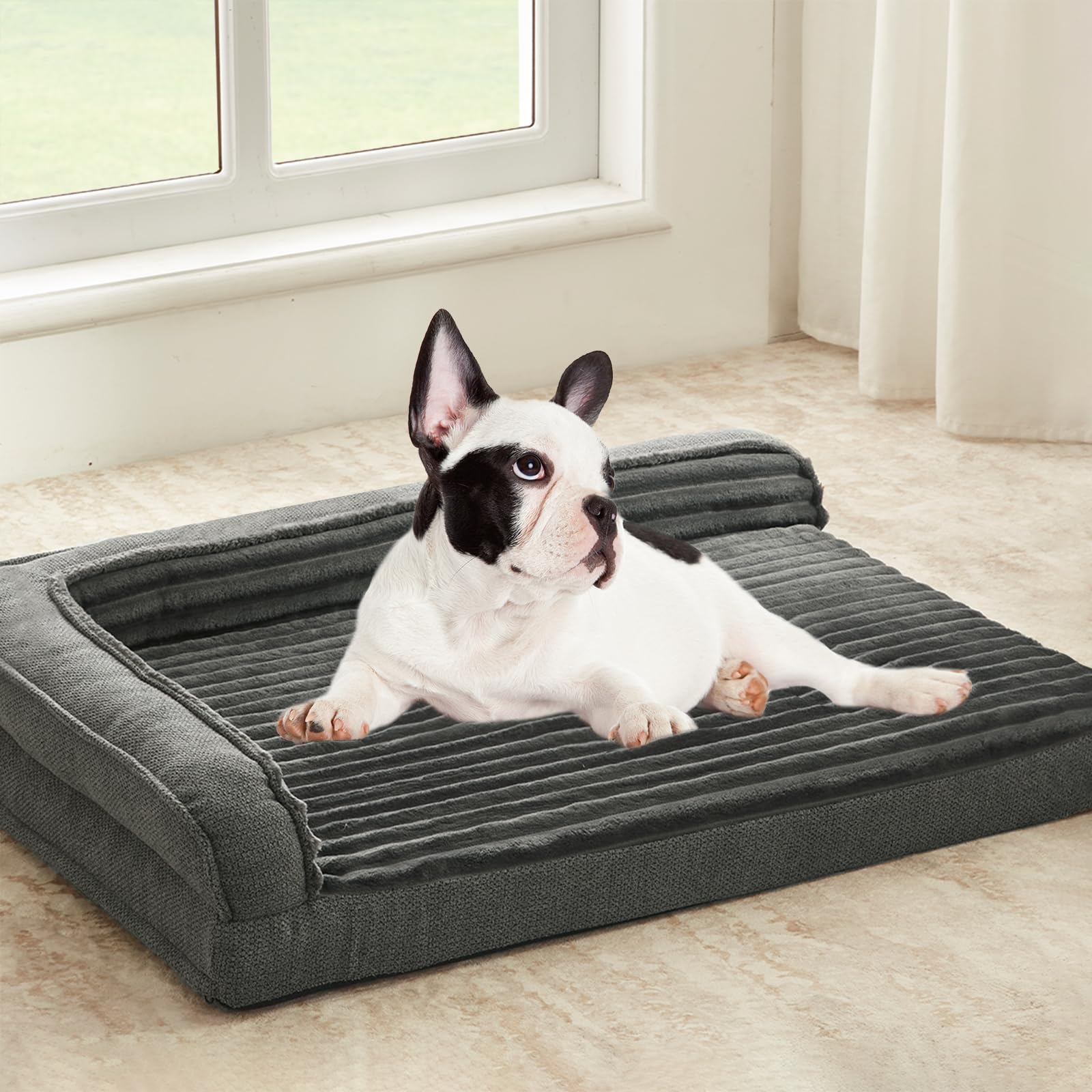 WINDRACING Orthopedic Dog Beds for Small Dogs, Waterproof Egg Foam Dog Sofa Bed with L Bolster Sides, Washable Small Pet Bed with Removable Cover & Non-Slip Bottom, 30 x 20 inch, Gray Image