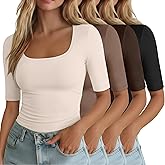 Neer 4 Pack Women's Half Sleeve Shirts Cotton Blend Elbow Length Tees Stretchy Square Neck Slim Fitted Casual Basic Tops