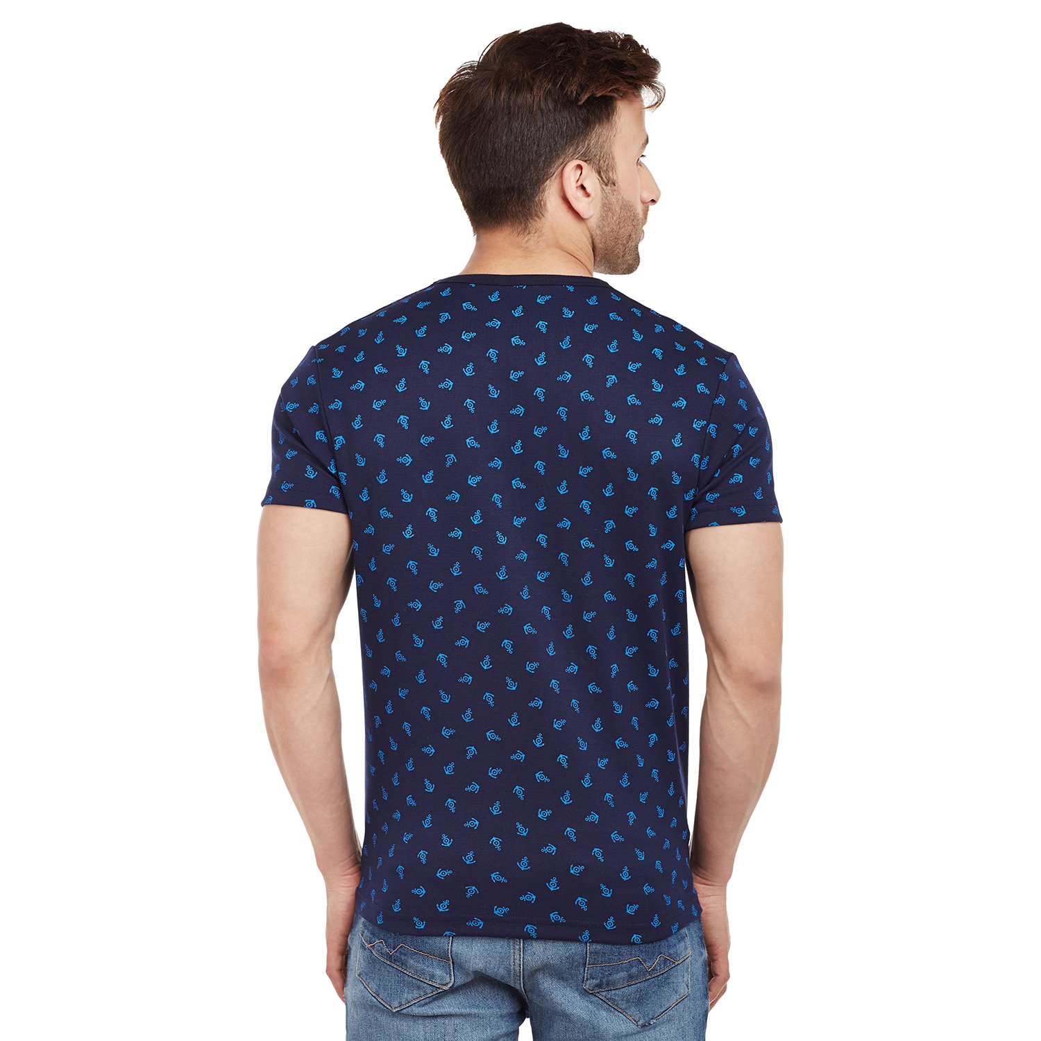 vimal navy blue printed round neck tshirt for men