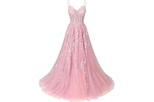 YOFF V Neck Tulle Prom Dresses Long Sparkly Lace Evening Gown with Slit Spaghetti Straps Formal Party Dress YO035