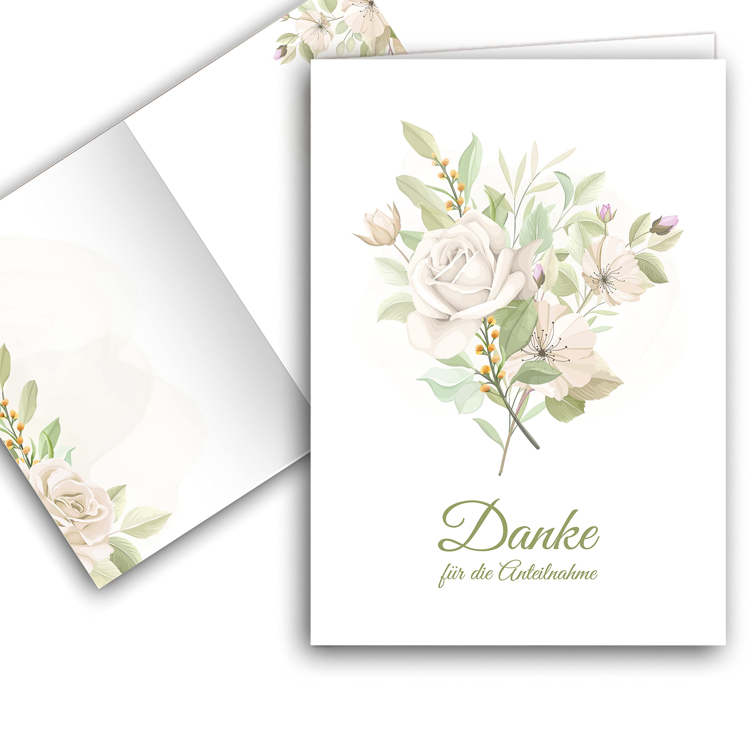 Klasse Greeting Card - 10 x Thank You/Sympathy Mourning Cards with Envelope, A6 Postcard Format, Light Green Rose Design, Made in Germany