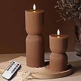 Girimax Brown Ribbed Flameless Pillar Candles with Remote, Real Wax Flickering Battery LED Candles Christmas Decor Gift Set of 2