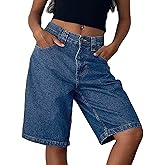 NUFIWI Women Baggy Denim Bermuda Shorts Y2k Vintage Straight Leg Denim Shorts Casual Knee Length Jean Jorts with Pockets